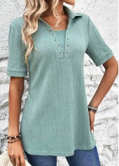 Eyelet Mint Green Short Sleeve Shirt Collar Blouse