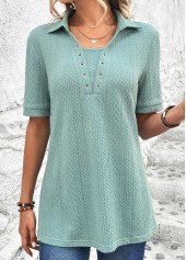 Eyelet Mint Green Short Sleeve Shirt Collar Blouse