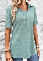 Eyelet Mint Green Short Sleeve Shirt Collar Blouse