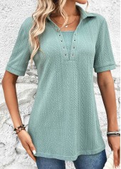 Eyelet Mint Green Short Sleeve Shirt Collar Blouse