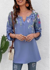 Floral Print Button Dusty Blue Split Neck Blouse