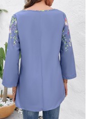 Floral Print Button Dusty Blue Split Neck Blouse