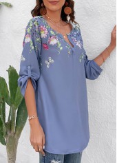 Floral Print Button Dusty Blue Split Neck Blouse