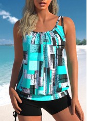 Geometric Print Ruched Cyan Tankini Top-No Bottom