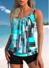 Geometric Print Ruched Cyan Tankini Top-No Bottom