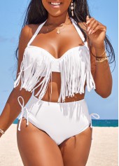 High Waisted Tassel White Bikini Set