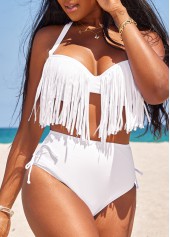 High Waisted Tassel White Bikini Set