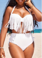 High Waisted Tassel White Bikini Set
