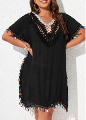 V Neck Black Plus Size Tassel Cover Up