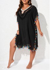 V Neck Black Plus Size Tassel Cover Up