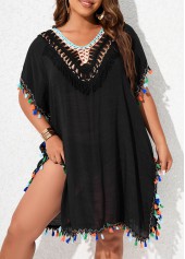 V Neck Black Plus Size Tassel Cover Up