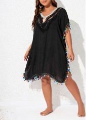 V Neck Black Plus Size Tassel Cover Up