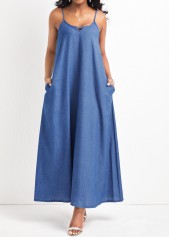 Denim Blue A Line Pocket Maxi Dress