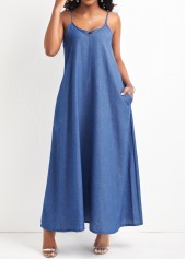 Denim Blue A Line Pocket Maxi Dress