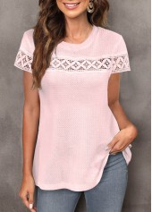 Light Pink Round Neck Short Sleeve Lace T Shirt