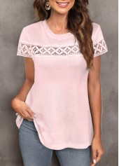 Light Pink Round Neck Short Sleeve Lace T Shirt