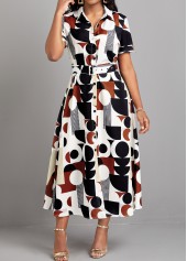 Geometric Print Button Belted Multi Color Dress