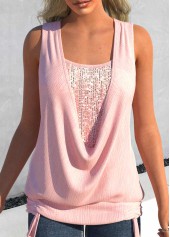 Light Pink Draped Neck Sequin Tank Top