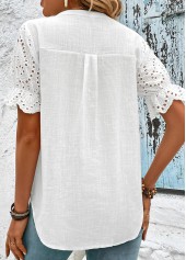 Scalloped Hem White Short Sleeve Split Neck Blouse