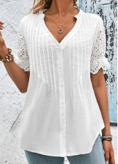 Scalloped Hem White Short Sleeve Split Neck Blouse