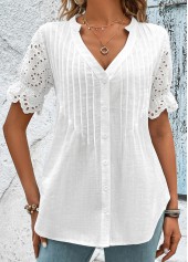Scalloped Hem White Short Sleeve Split Neck Blouse