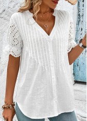 Scalloped Hem White Short Sleeve Split Neck Blouse