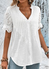Scalloped Hem White Short Sleeve Split Neck Blouse