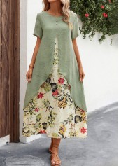 Leaf Print Fake 2in1 Sage Green Dress