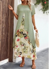 Leaf Print Fake 2in1 Sage Green Dress