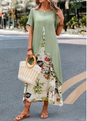 Leaf Print Fake 2in1 Sage Green Dress