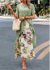 Leaf Print Fake 2in1 Sage Green Dress
