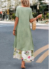 Leaf Print Fake 2in1 Sage Green Dress