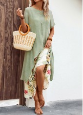 Leaf Print Fake 2in1 Sage Green Dress