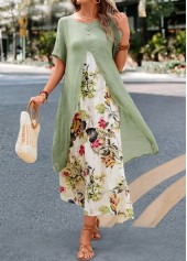 Leaf Print Fake 2in1 Sage Green Dress