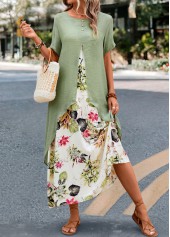 Leaf Print Fake 2in1 Sage Green Dress