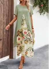 Leaf Print Fake 2in1 Sage Green Dress