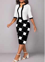 Geometric Print Patchwork White Square Neck Bodycon Dress