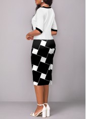 Geometric Print Patchwork White Square Neck Bodycon Dress