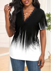 Ombre Lace Black V Neck T Shirt