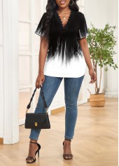 Ombre Lace Black V Neck T Shirt