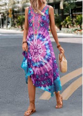 Tie Dye Print Handkerchief Hem Purple Dress