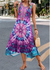 Tie Dye Print Handkerchief Hem Purple Dress
