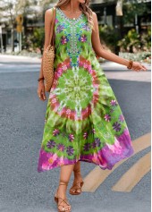 Tie Dye Print Handkerchief Hem Green Dress