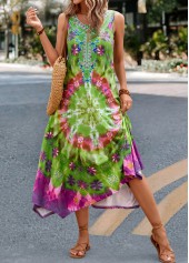 Tie Dye Print Handkerchief Hem Green Dress