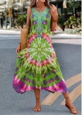 Tie Dye Print Handkerchief Hem Green Dress