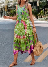 Tie Dye Print Handkerchief Hem Green Dress