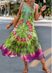 Tie Dye Print Handkerchief Hem Green Dress