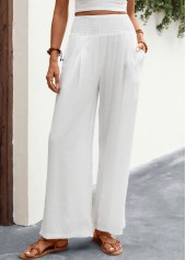 White Elastic Waist High Waisted Smocked Pants