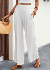 White Elastic Waist High Waisted Smocked Pants