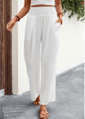 White Elastic Waist High Waisted Smocked Pants